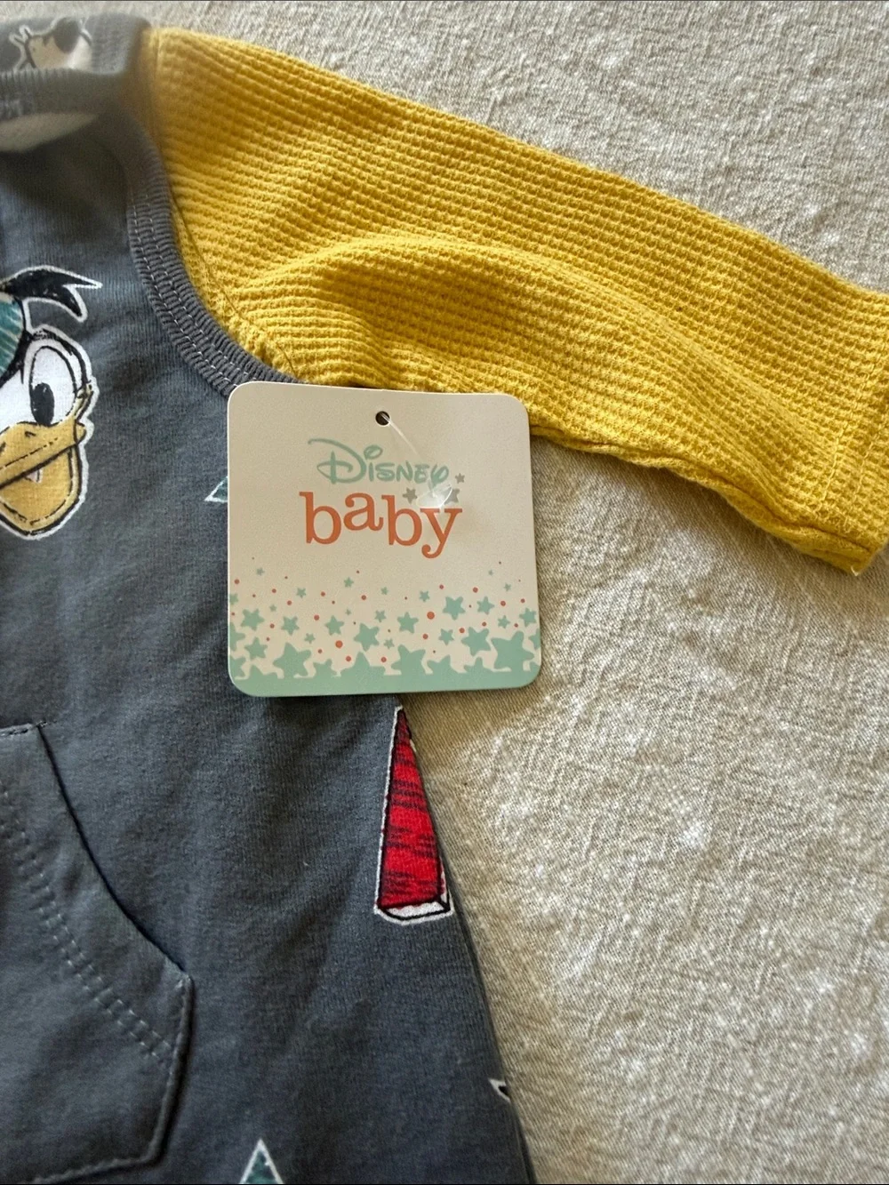 Disney Baby Gray Romper with Yellow Trim and Multi-Character Prints